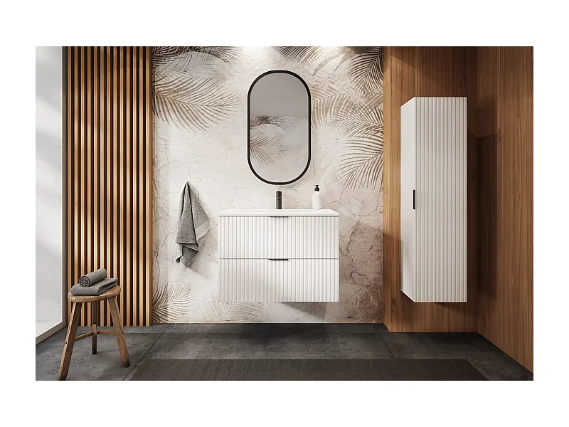 Weißer geriffelter Waschtischunterschrank FLOW 80 cm mit Regal in Eiche Craft Gold