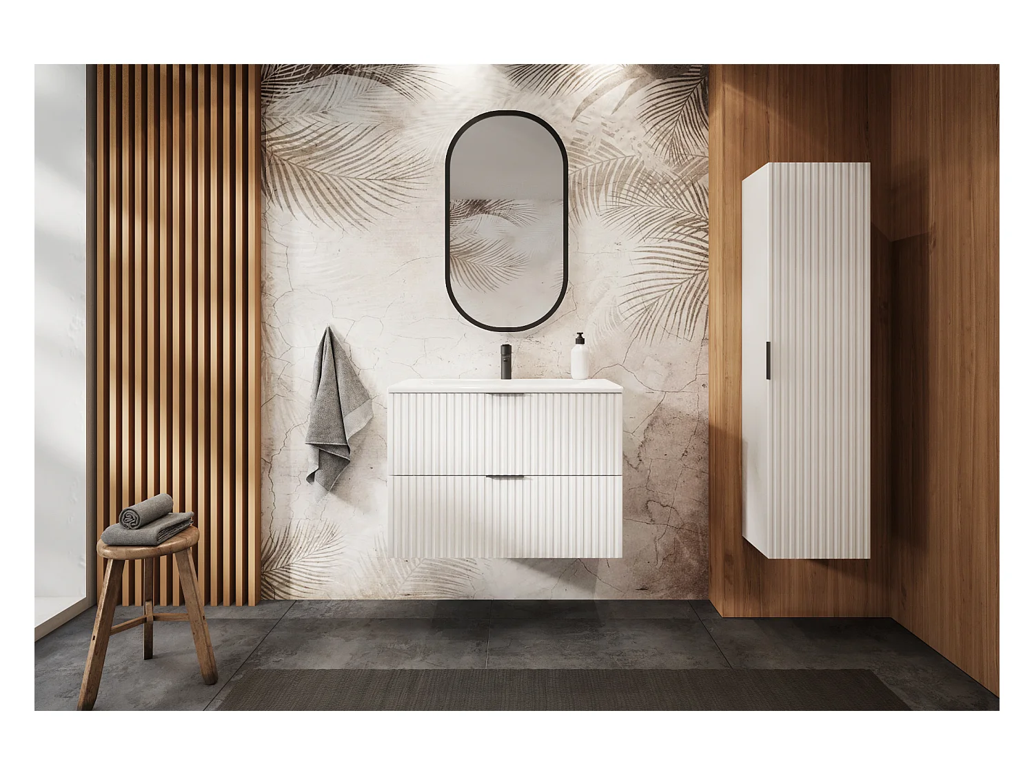 Meuble sous vasque blanc FLOW 80 cm avec étagère chêne craft doré, surface cannelée