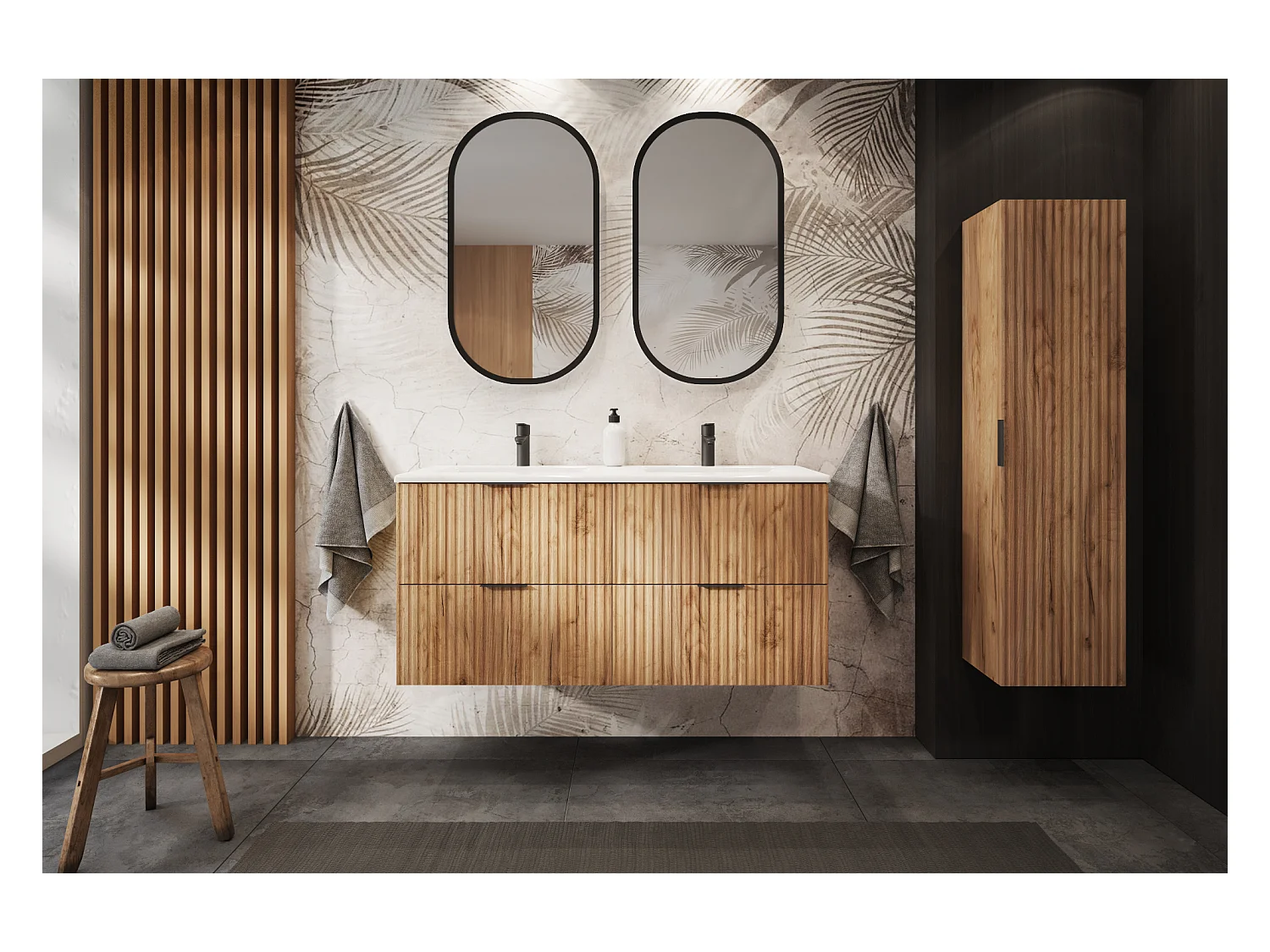 Meuble de salle de bain strié FLOW 160 cm chêne craft doré avec plan