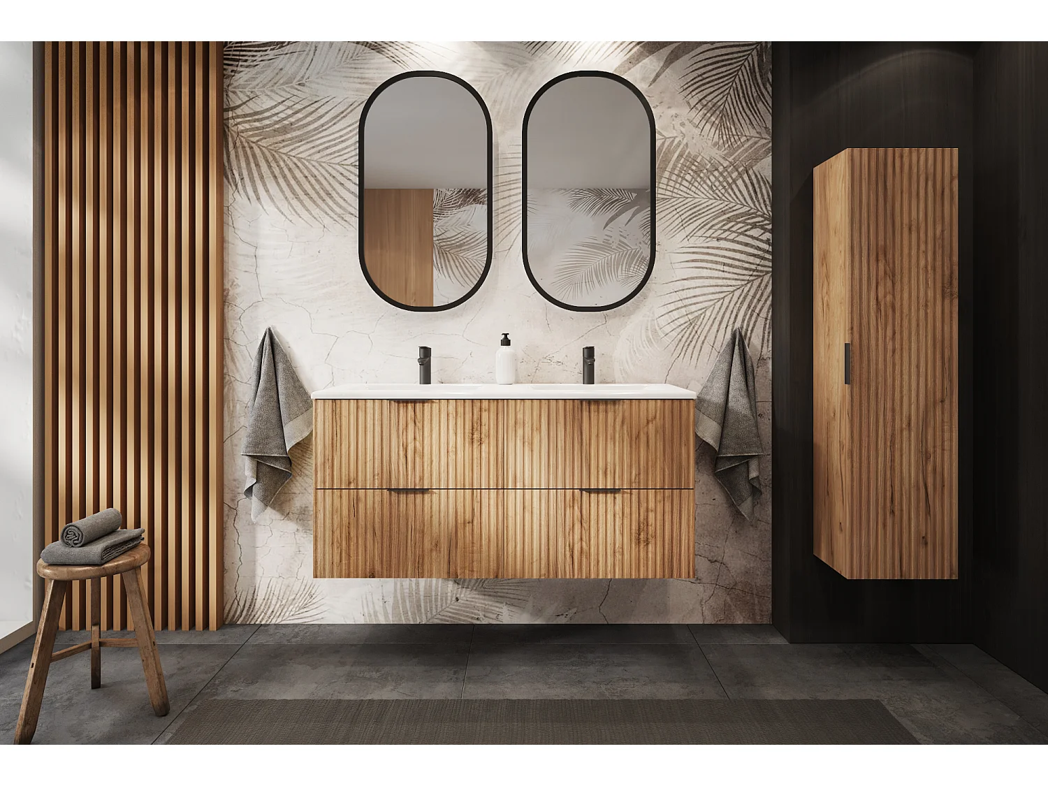 Meuble de salle de bain strié FLOW 160 cm chêne craft doré avec plan