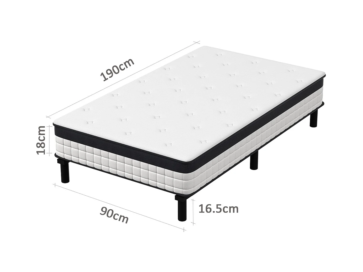 Bed gecombineerd met veermattens en ijzeren bedframe, 18 cm dik, 90 x 190 cm, 6 voeten.