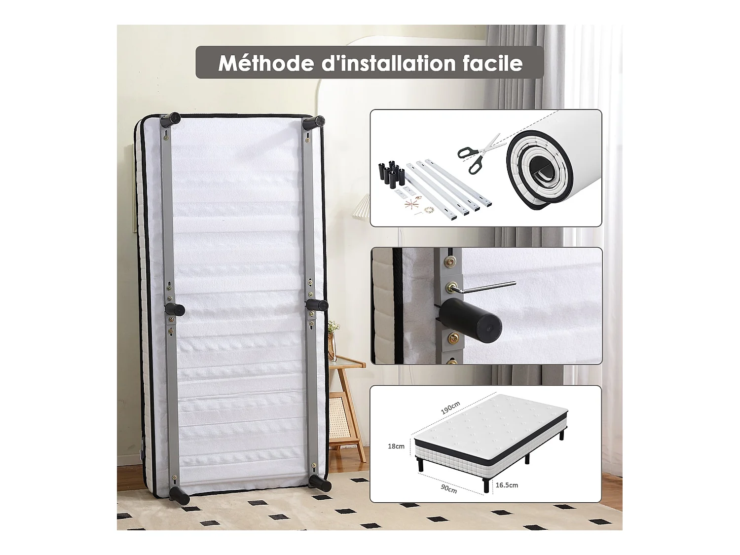 Bed gecombineerd met veermattens en ijzeren bedframe, 18 cm dik, 90 x 190 cm, 6 voeten.