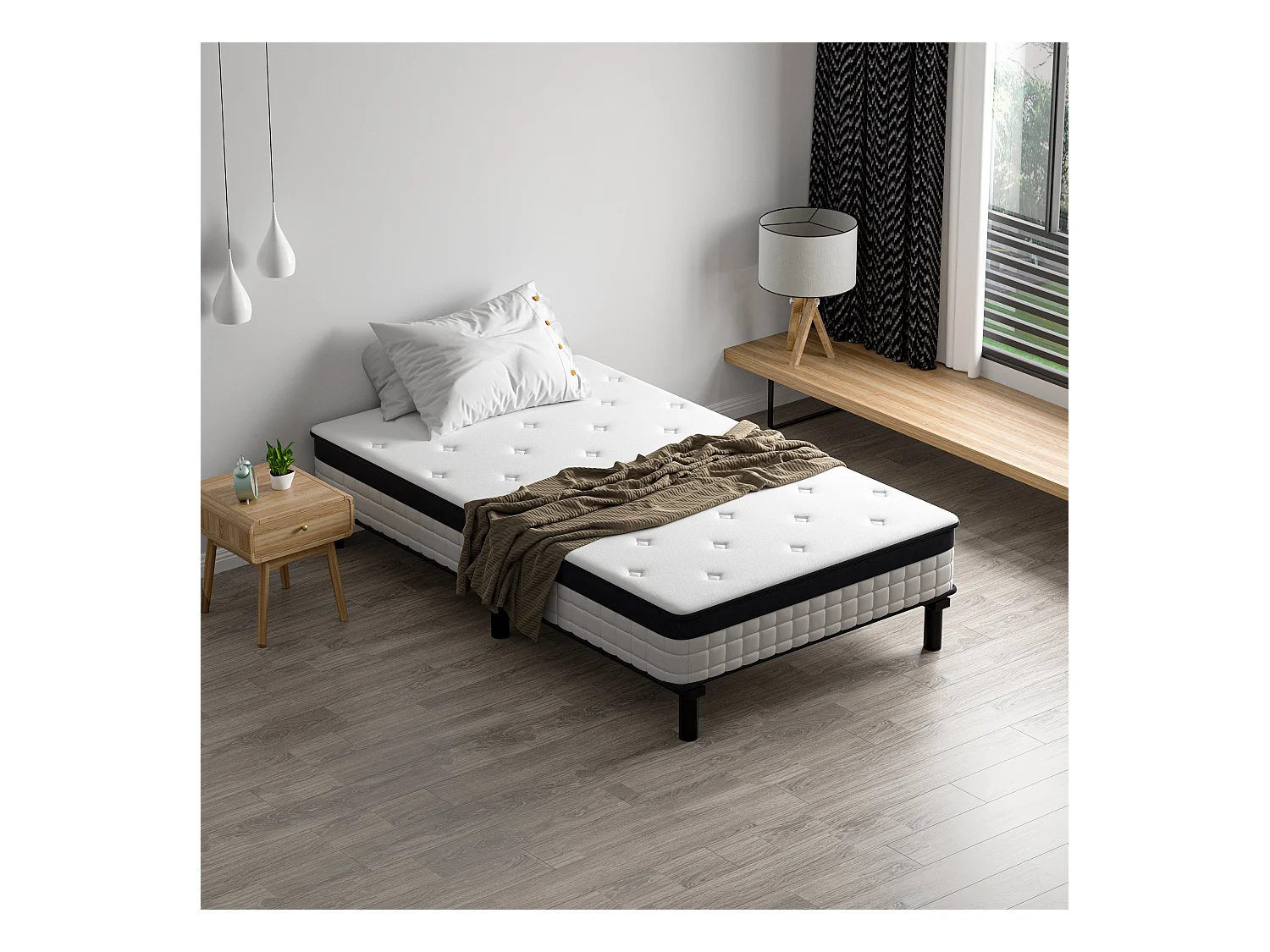 Bed gecombineerd met veermattens en ijzeren bedframe, 18 cm dik, 90 x 190 cm, 6 voeten.