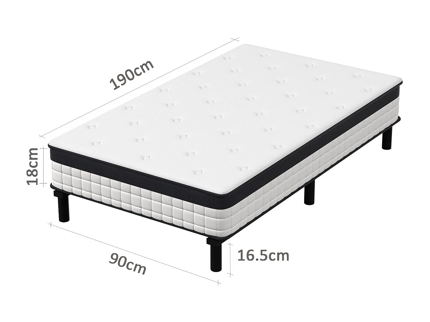 Lit combiné avec matelas à ressorts et cadre de lit en fer, 18 cm d'épaisseur, 90 x 190 cm, 6 pieds.