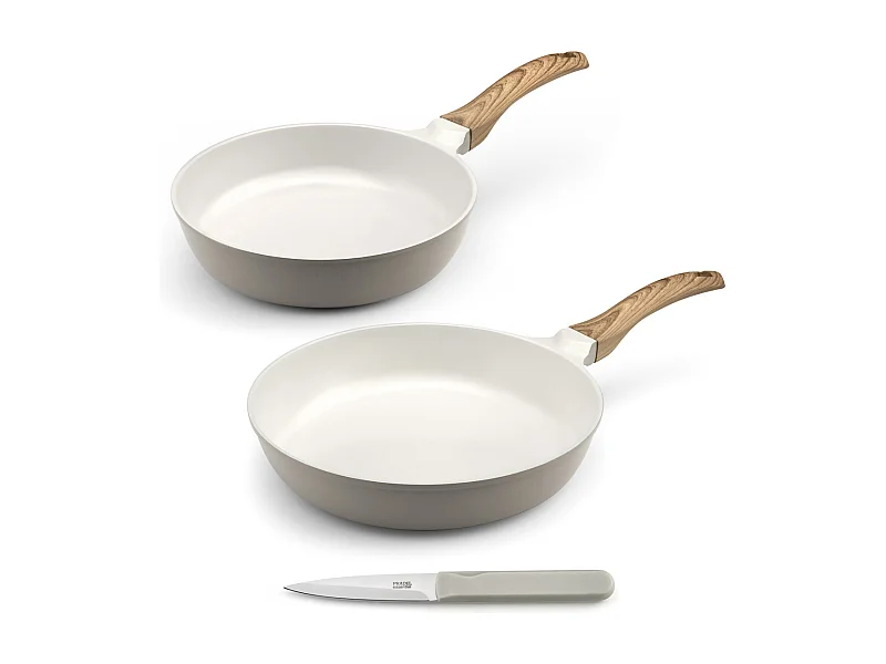 Mythic - Set 2 poêles 24/28cm revêtement céramique blanche, 1 couteaux d'office
