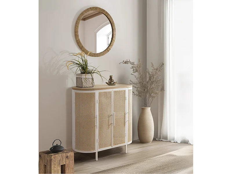 Aparador de 80x80x39 cm de diseño ovalado con frentes enrejillados y tapa en MDF Maya