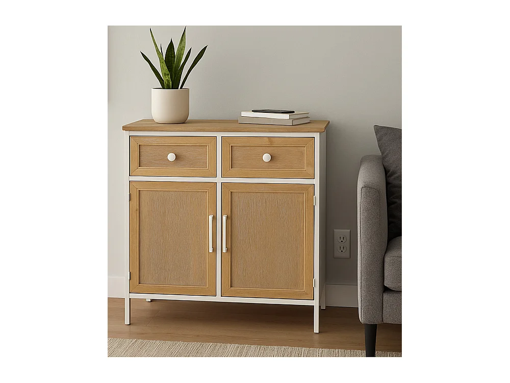 Aparador de 80x77x39 cm con estructura metálica blanca y frentes en madera de abeto Nola