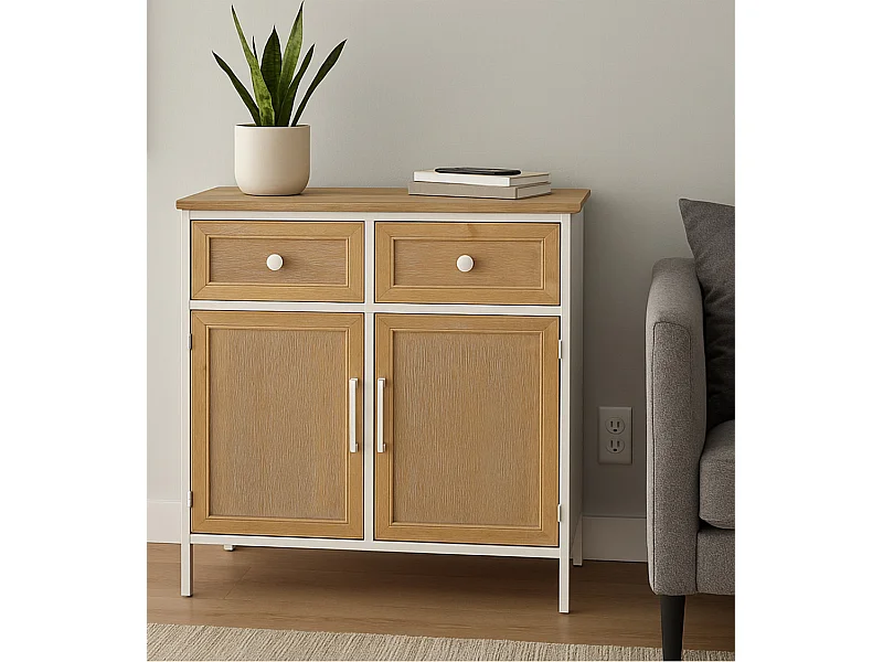 Aparador de 80x77x39 cm con estructura metálica blanca y frentes en madera de abeto Nola