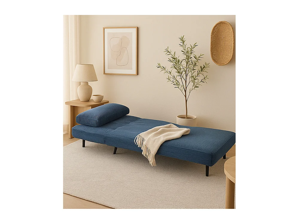 Sofá cama de 32-89x83x86-192 cm con sistema de apertura clic clac de pana en azul Triana