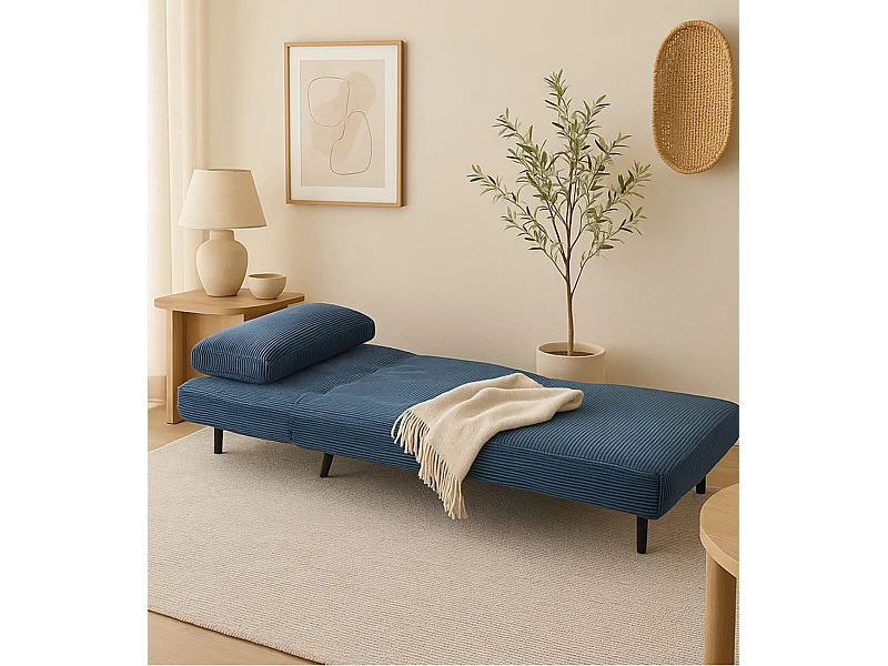 Sofá cama de 32-89x83x86-192 cm con sistema de apertura clic clac de pana en azul Triana