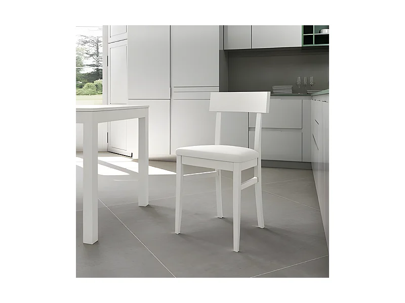 Set van 2 witte "Siena" woonkamerstoelen in gelakt hout, modern gestoffeerd, 44x45 cm, 82h