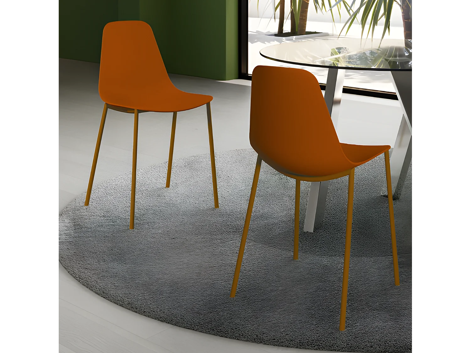 Set van 2 moderne "Kate" roestkleurige polypropyleen woonkamerstoelen met geverfd metalen frame