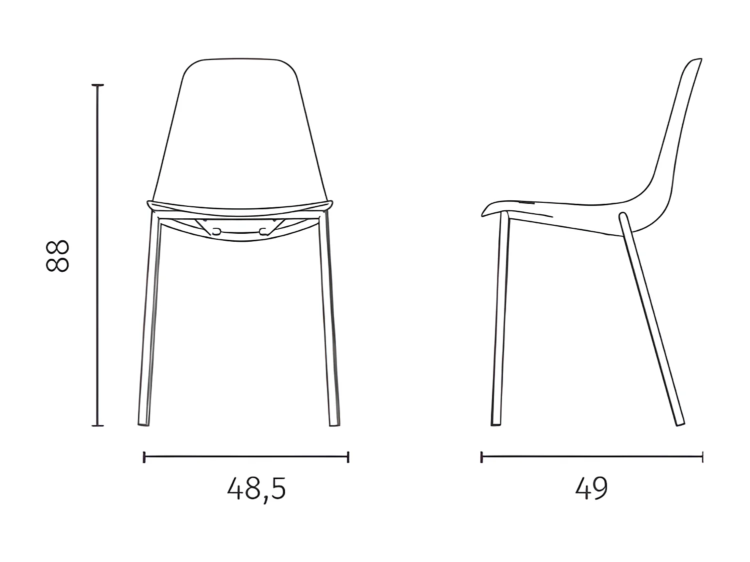 Set van 2 moderne "Kate" roestkleurige polypropyleen woonkamerstoelen met geverfd metalen frame