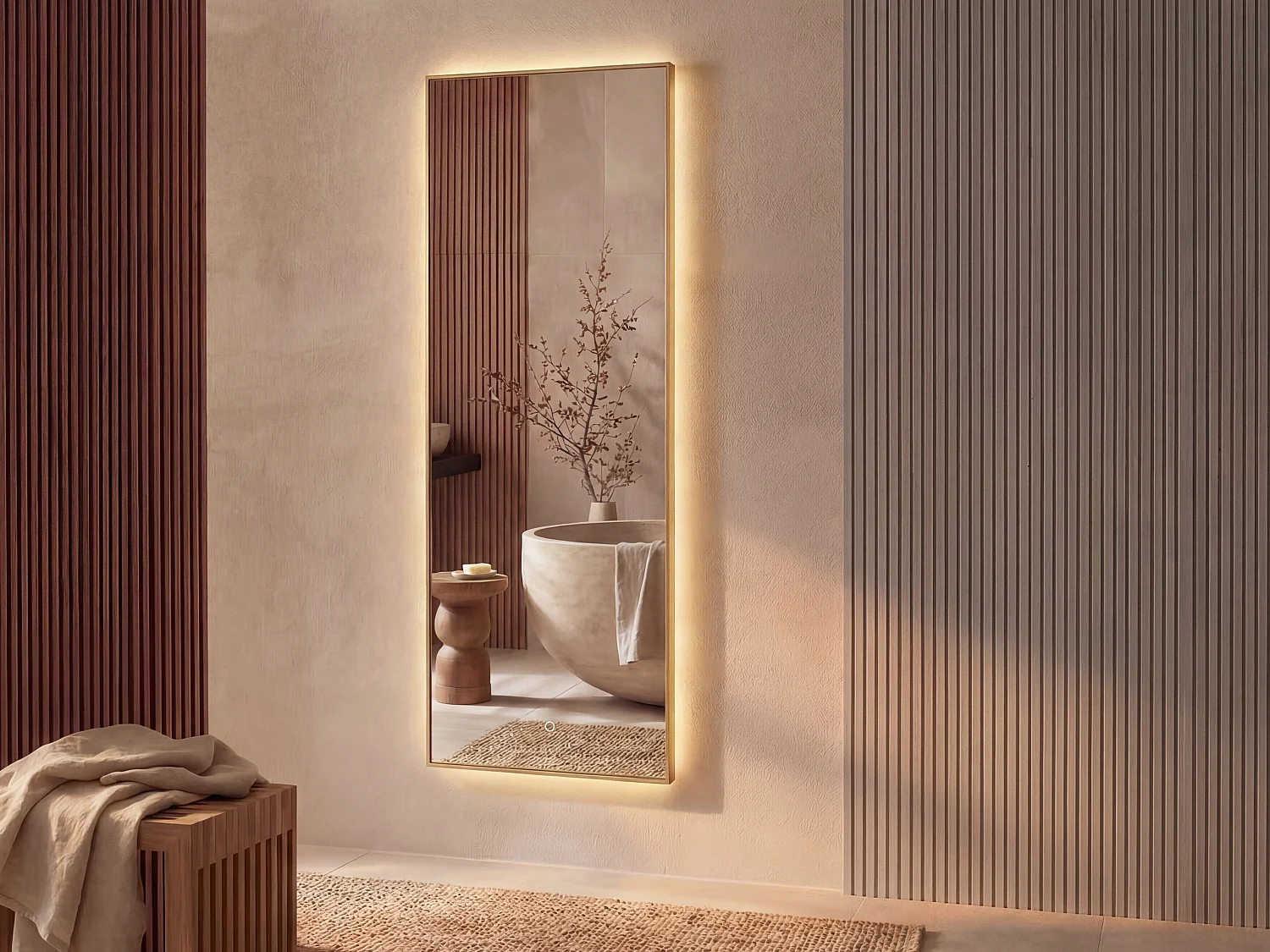 Miroir de salle de bain lumineux rectangulaire anti-buée avec bouton tactile - Contour doré - 50 x 150 cm - ORINELIA