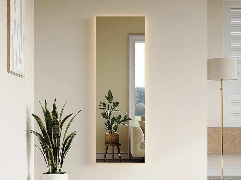 Miroir de salle de bain lumineux rectangulaire anti-buée avec bouton tactile - Contour doré - 50 x 150 cm - ORINELIA