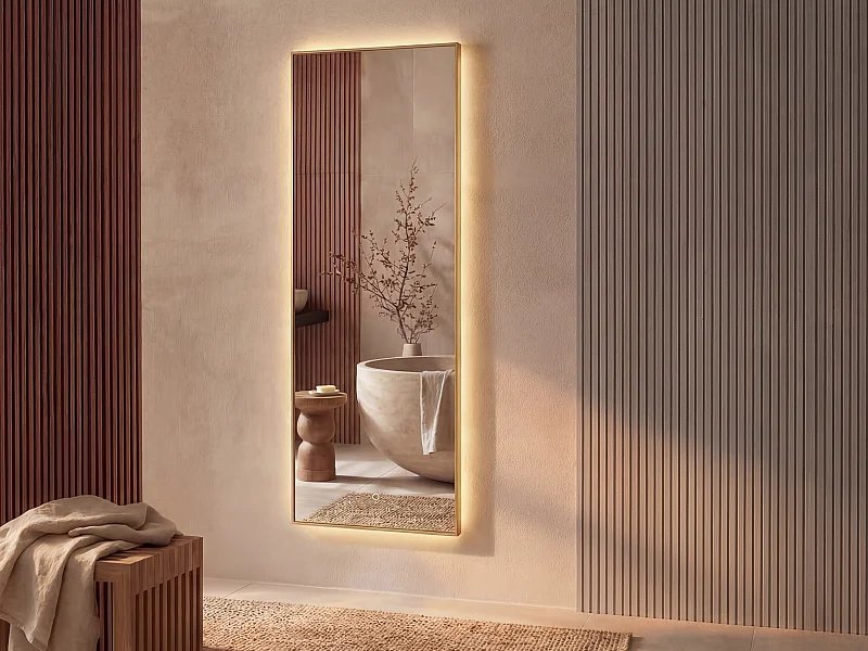 Miroir de salle de bain lumineux rectangulaire anti-buée avec bouton tactile - Contour doré - 50 x 150 cm - ORINELIA