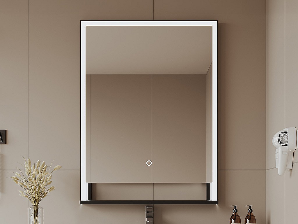 Rektangulär badrumsspegel med belysning, imfri funktion och integrerad hylla - Matt svart ram - 60 x 80 cm - VALONERA
