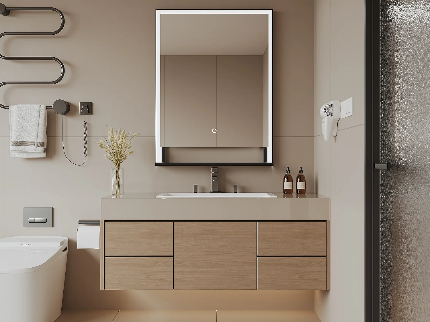 Miroir de salle de bain lumineux rectangulaire anti-buée avec étagère intégrée - Contour noir mat - 60 x 80 cm - VALONERA