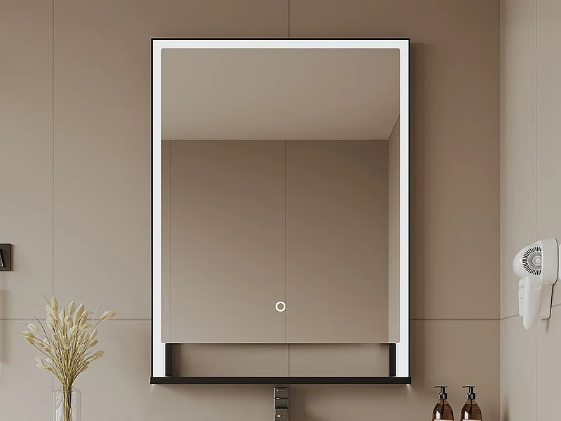 Miroir de salle de bain lumineux rectangulaire anti-buée avec étagère intégrée - Contour noir mat - 60 x 80 cm - VALONERA