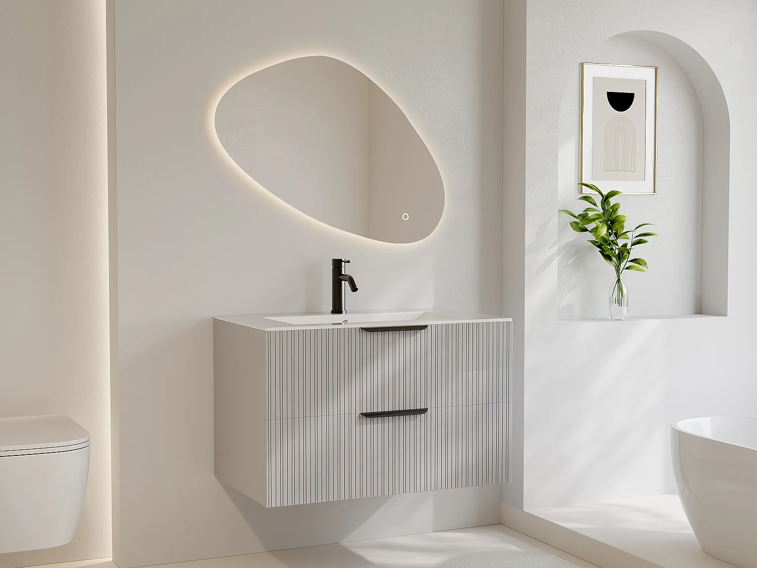 Miroir de salle de bain lumineux asymétrique anti-buée avec bouton tactile - 80 x 60 cm - SORALIMA