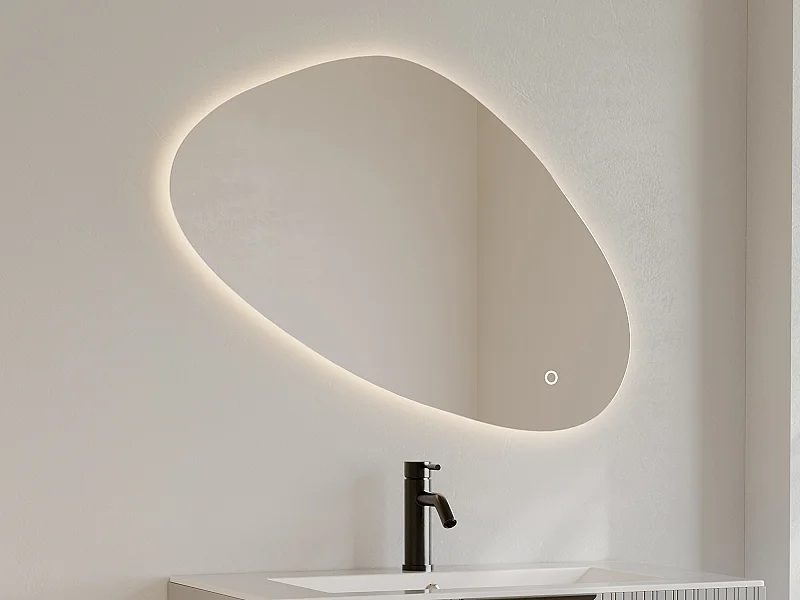 Miroir de salle de bain lumineux asymétrique anti-buée avec bouton tactile - 80 x 60 cm - SORALIMA