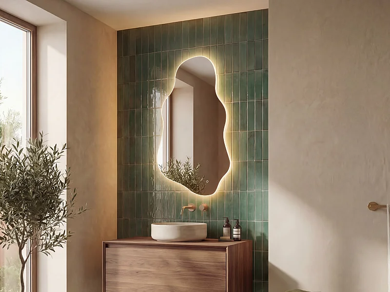 Miroir de salle de bain lumineux organique anti-buée avec bouton tactile - 54 x 100 cm - MERANDIA