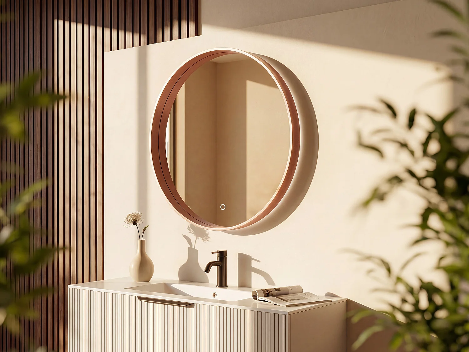 Round Illuminated Bathroom Mirror with Anti-Fog and Touch Button - Rose Gold Frame - D24 in - CERALUMA