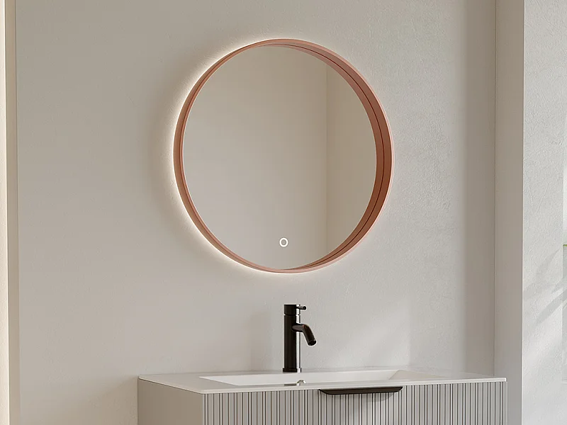 Miroir de salle de bain lumineux rond anti-buée avec bouton tactile - Contour rose gold  - D60 cm - CERALUMA