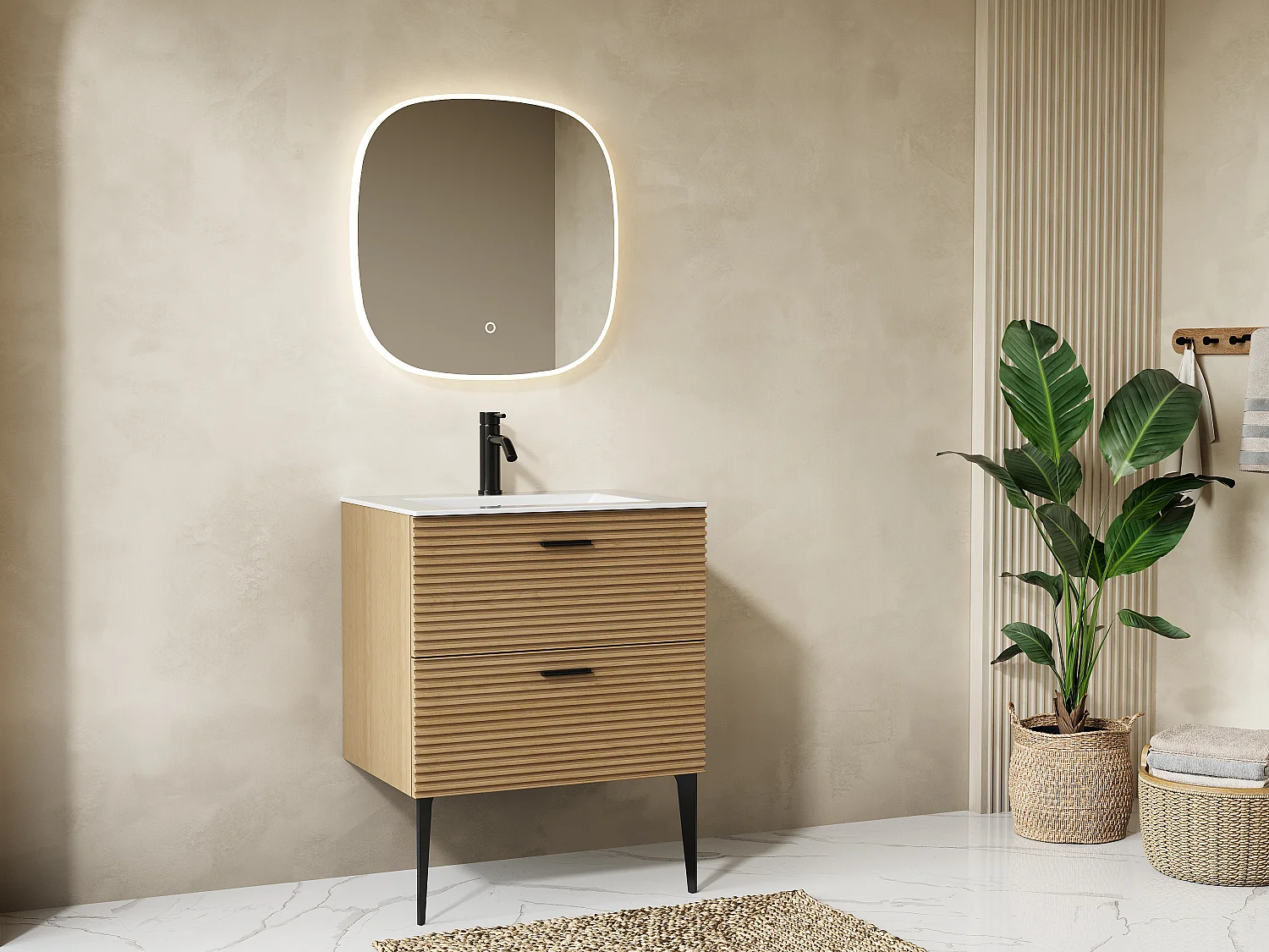 Miroir de salle de bain lumineux carré anti-buée avec bouton tactile - 60 x 60 cm - ANOLIVA