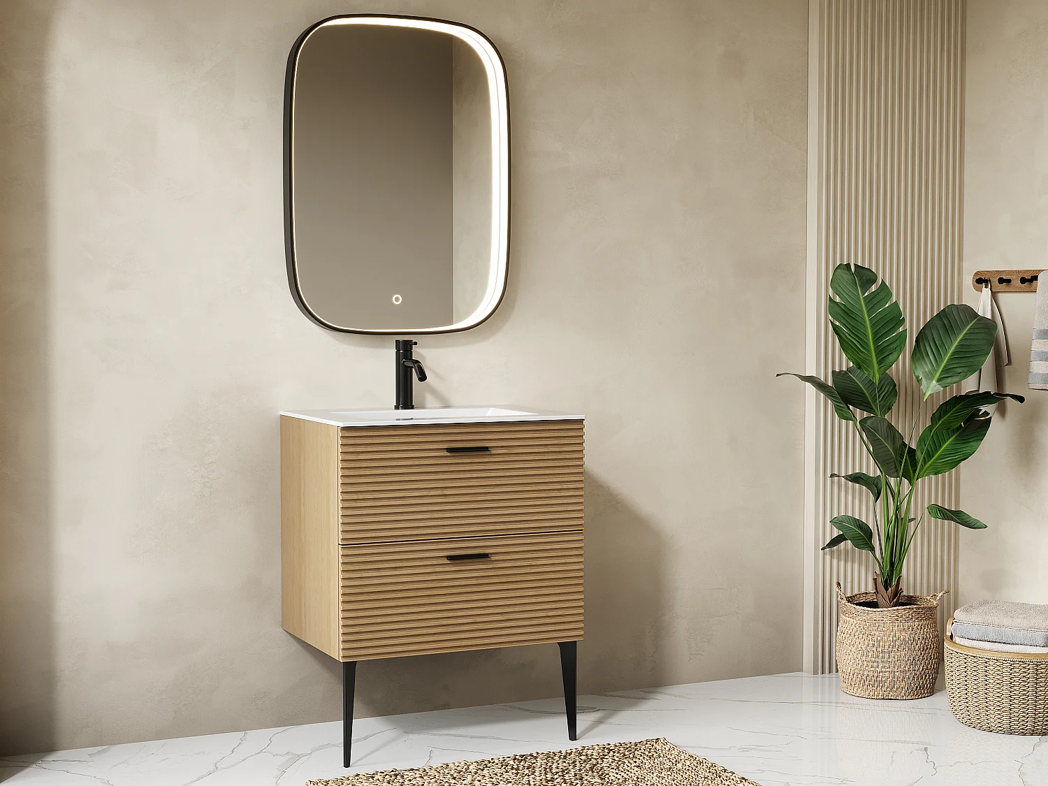 Miroir de salle de bain lumineux rectangulaire anti-buée avec bouton tactile - Contour noir mat - 60 x 80 cm - RISOLINA