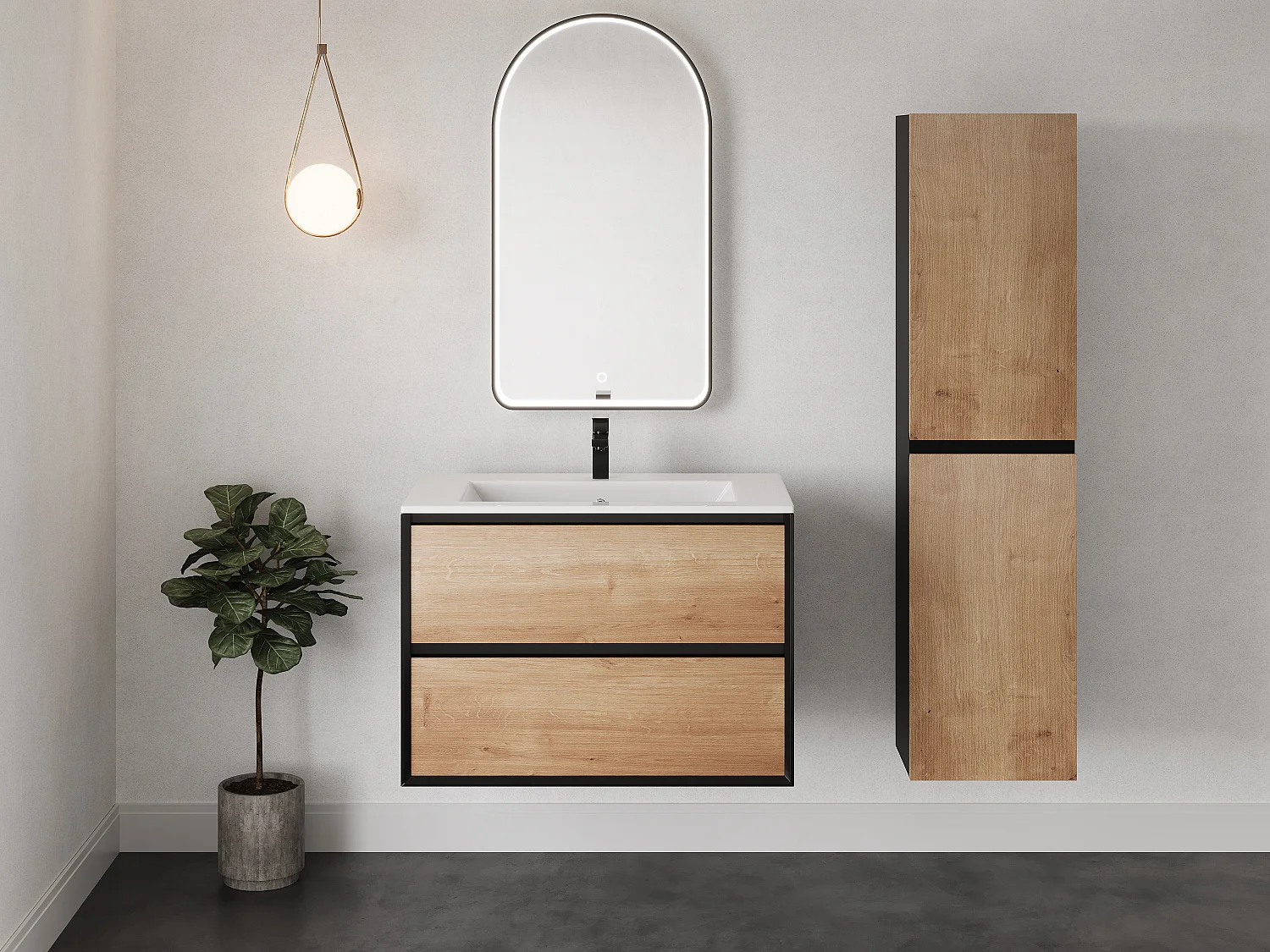 Miroir de salle de bain lumineux en arche anti-buée avec bouton tactile - Contour noir mat - 50 x 90 cm - VIANORIA