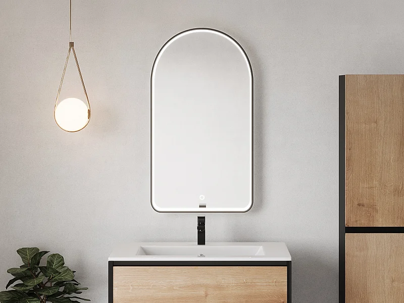Miroir de salle de bain lumineux en arche anti-buée avec bouton tactile - Contour noir mat - 50 x 90 cm - VIANORIA