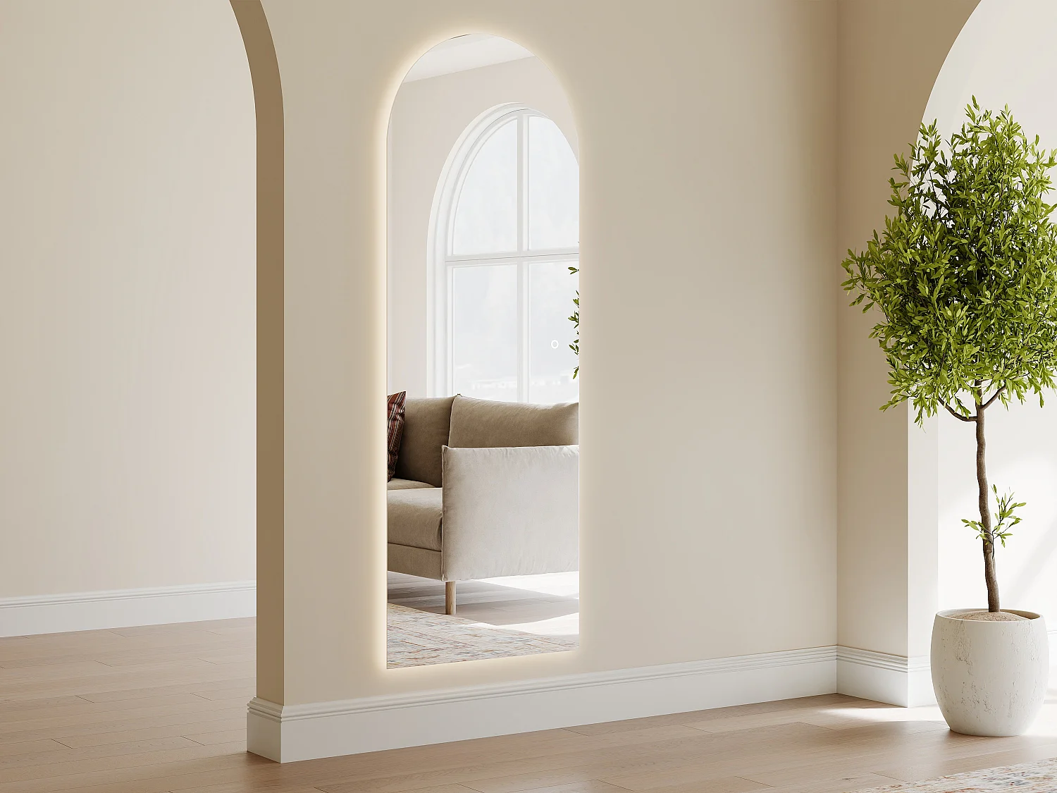 Miroir de salle de bain lumineux en arche anti-buée avec bouton tactile - 60 x 165 cm - MIRAVENA