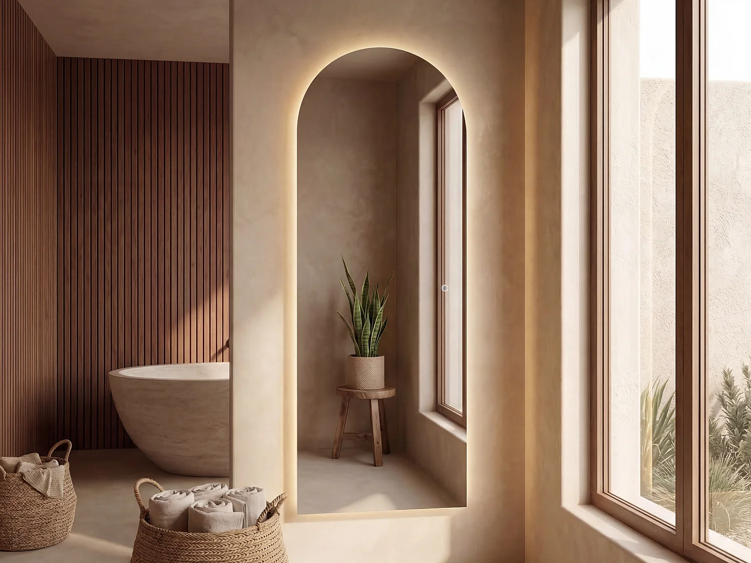 Miroir de salle de bain lumineux en arche anti-buée avec bouton tactile - 60 x 165 cm - MIRAVENA