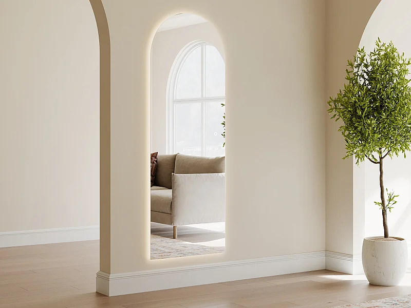 Miroir de salle de bain lumineux en arche anti-buée avec bouton tactile - 60 x 165 cm - MIRAVENA