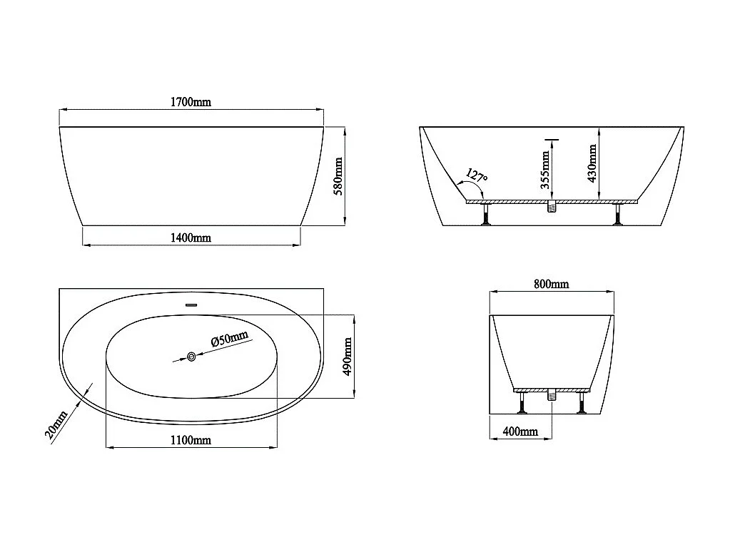 Vasca da bagno semi-freestanding bianca 252L 170 x 80 x 58 cm Acrilico - AMOSARI