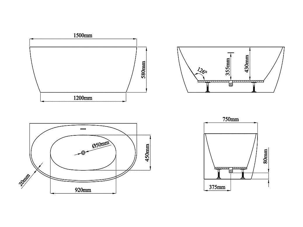 Vasca da bagno semi-freestanding bianca 203L 150 x 72 x 58 cm Acrilico - AMOSARI