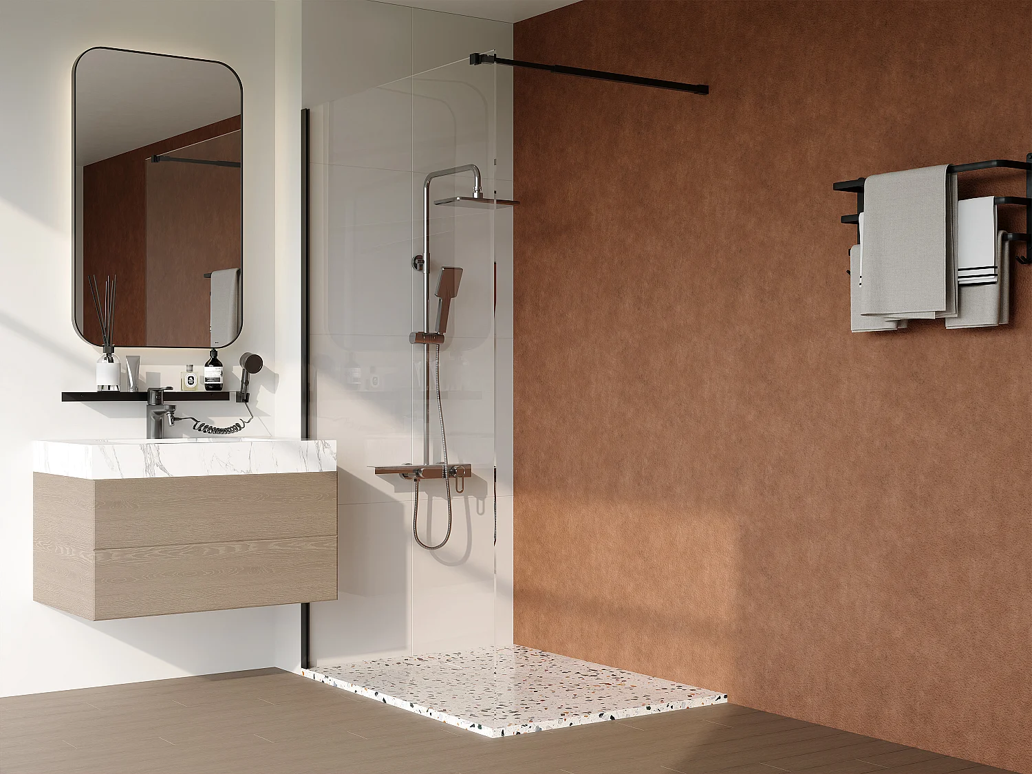 Receveur extra-plat à poser ou à encastrer recoupable en résine SMC - Effet terrazzo blanc - 120 x 90 cm - MIRNOSA