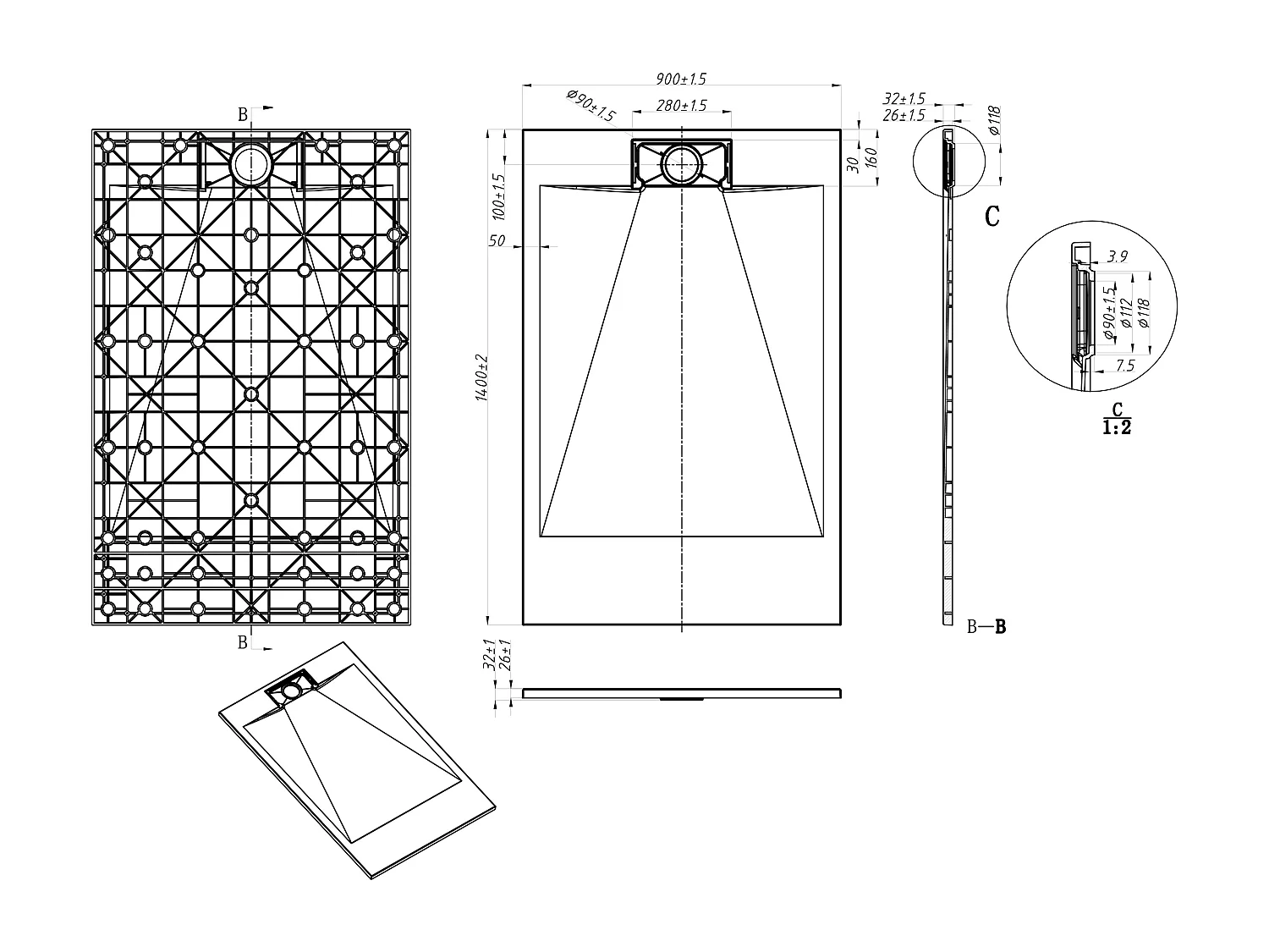 Receveur extra-plat à poser ou à encastrer recoupable en résine SMC - Blanc mat - 140 x 90 cm - TARPOSA