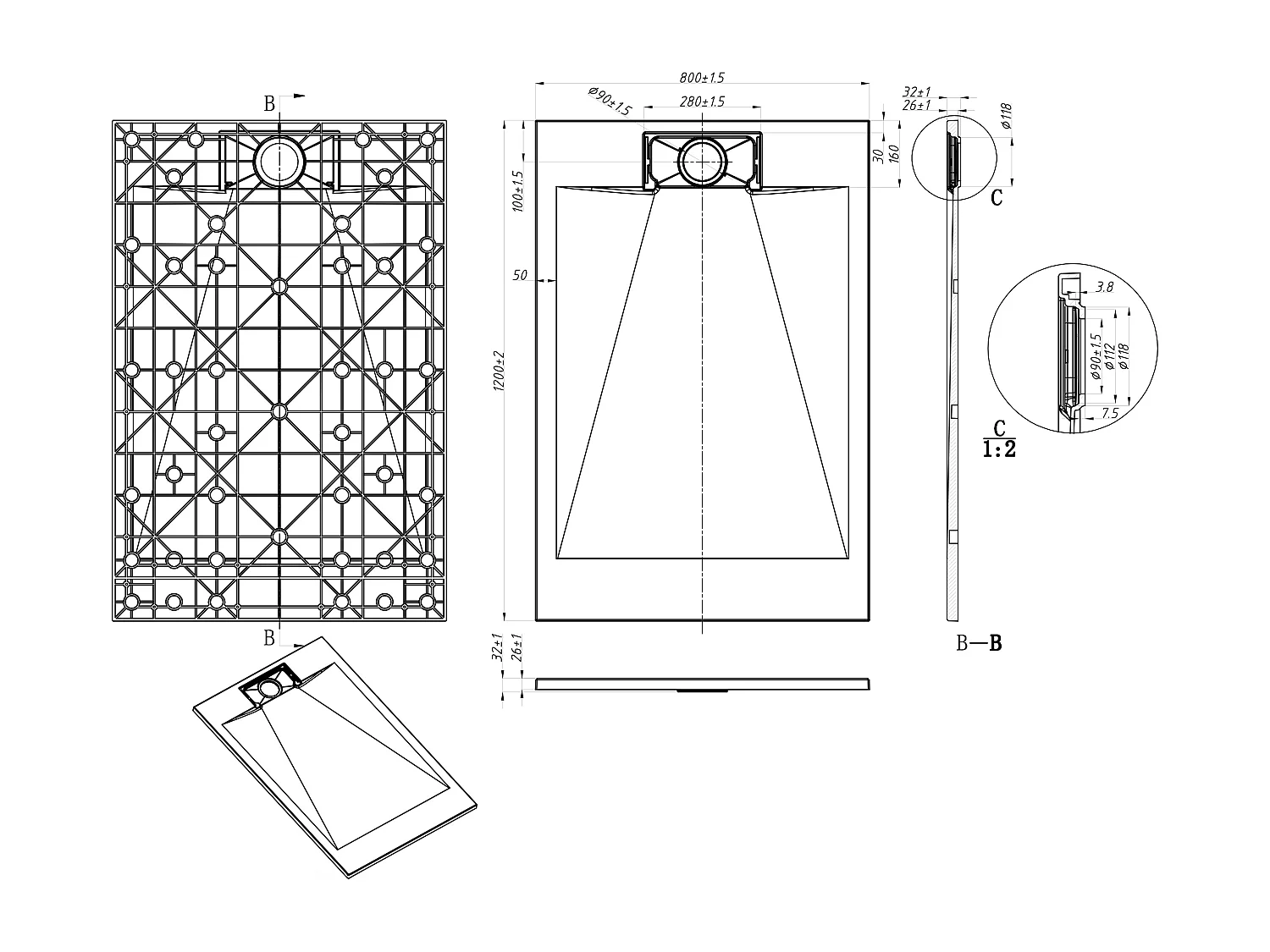 Receveur extra-plat à poser ou à encastrer recoupable en résine SMC - Blanc mat - 120 x 80 cm - TARPOSA