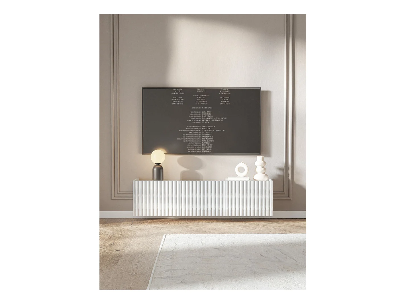 Meuble TV mural 3 portes – blanc brillant – 144 cm – FIORRA