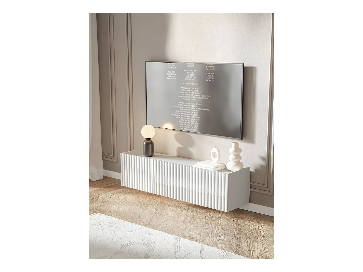Meuble TV mural 3 portes – blanc brillant – 144 cm – FIORRA