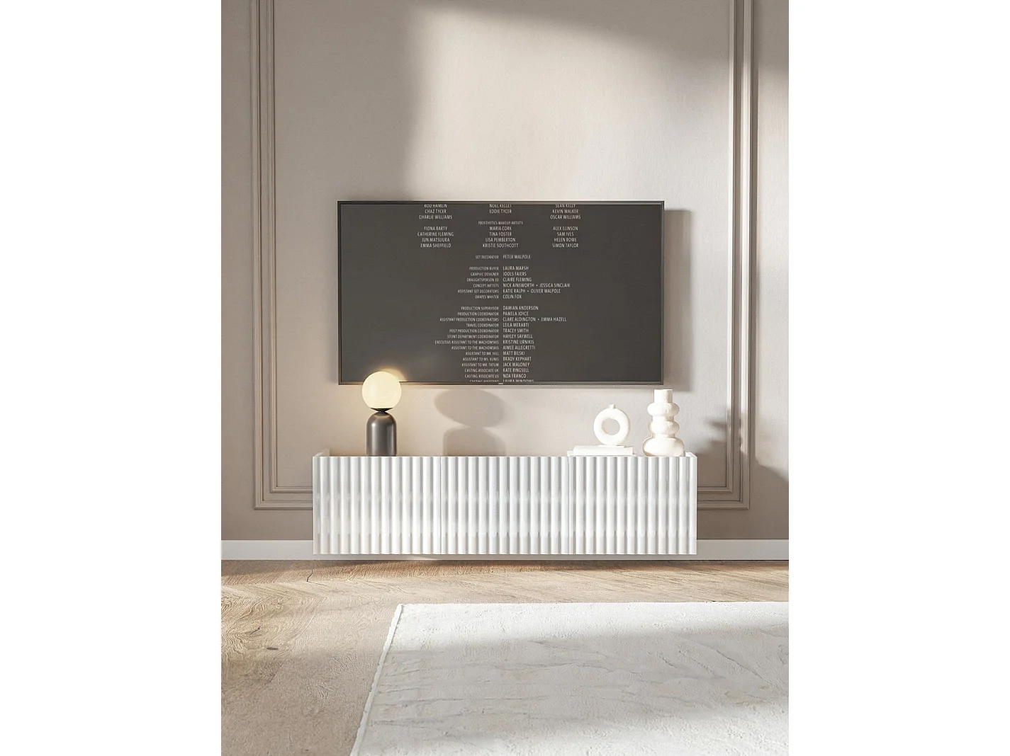 Meuble TV mural 3 portes – blanc brillant – 144 cm – FIORRA