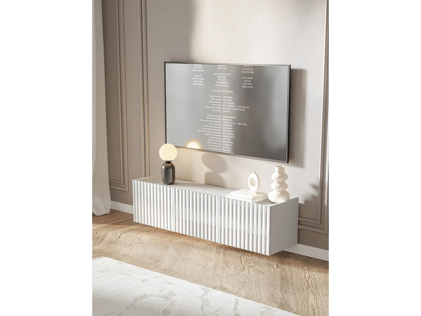 Meuble TV mural 3 portes – blanc brillant – 144 cm – FIORRA