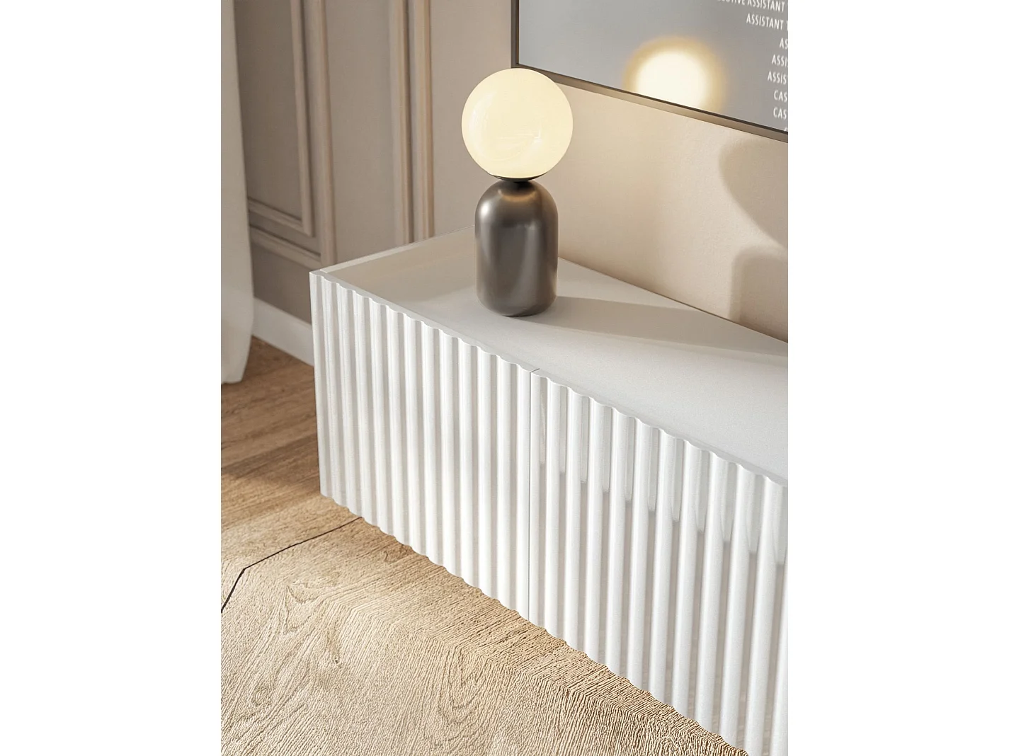 Meuble TV mural 3 portes – blanc brillant – 144 cm – FIORRA