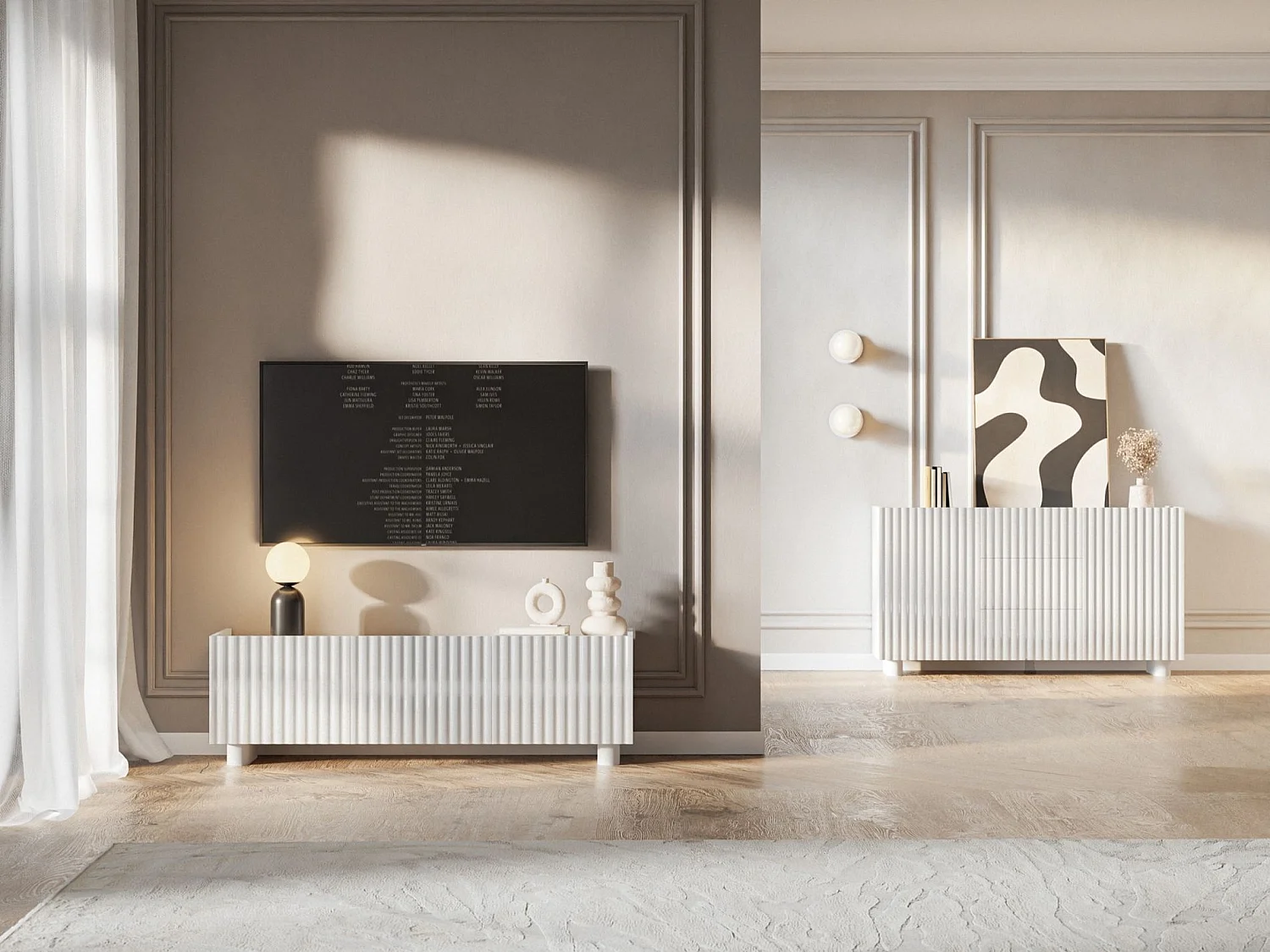 Meuble TV 3 portes – blanc brillant – 144 cm – FIORRA