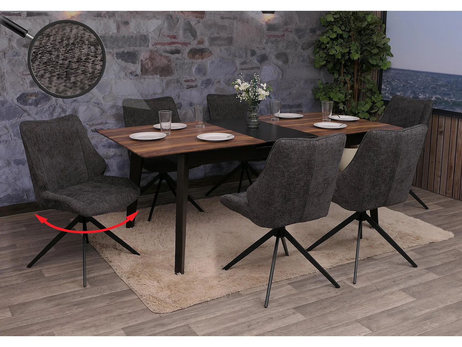 Set 6 sedie sala pranzo MCW-O48, posizionamento automatico girevole, tessuto ciniglia (320g/m²) Oeko-Tex ~ grigio