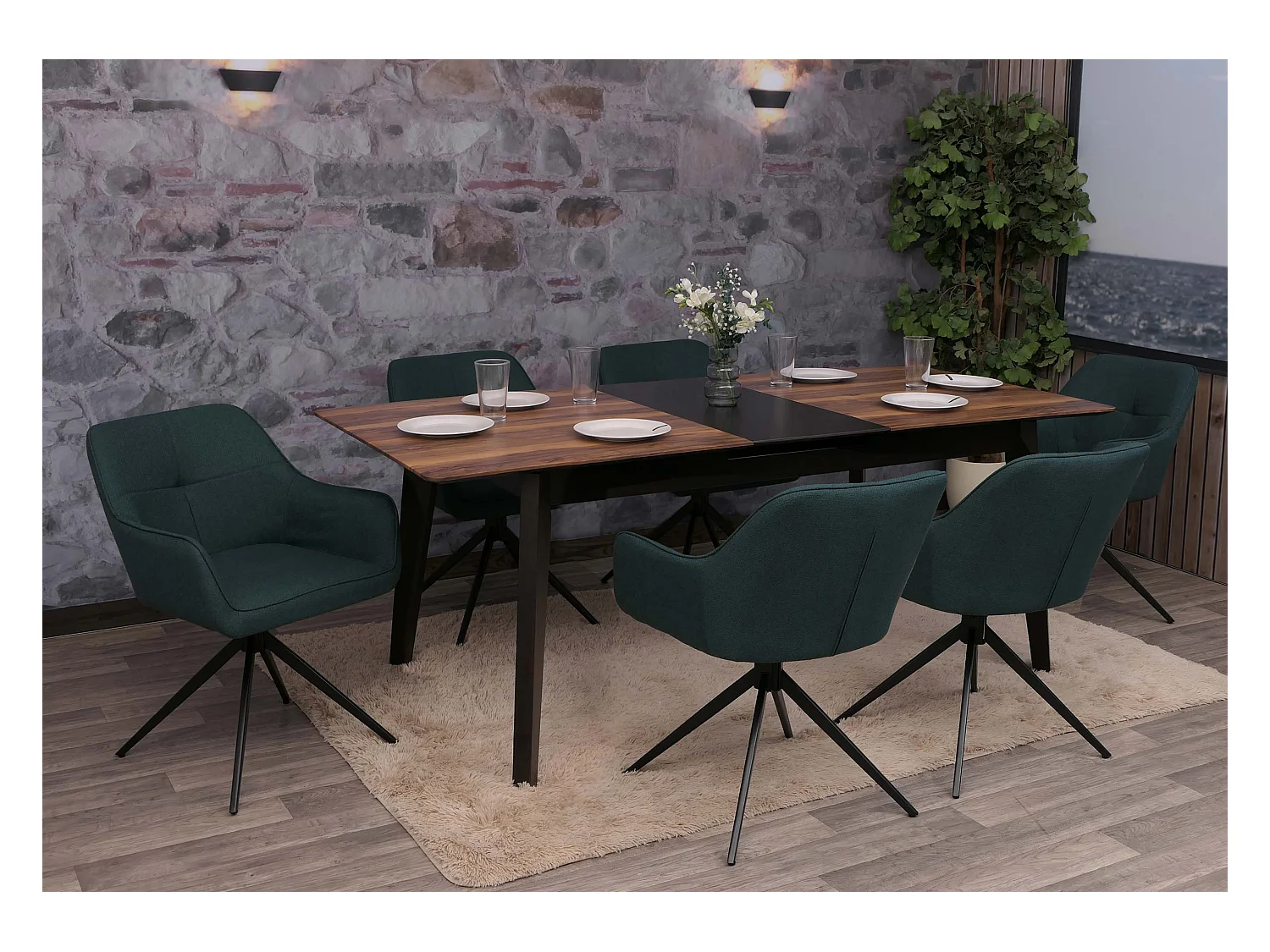 Set 6 sedie sala pranzo MCW-O47, braccioli, girevoli posizionamento automatico, stoffa/tessuto (270g/m²) ~ petrolio