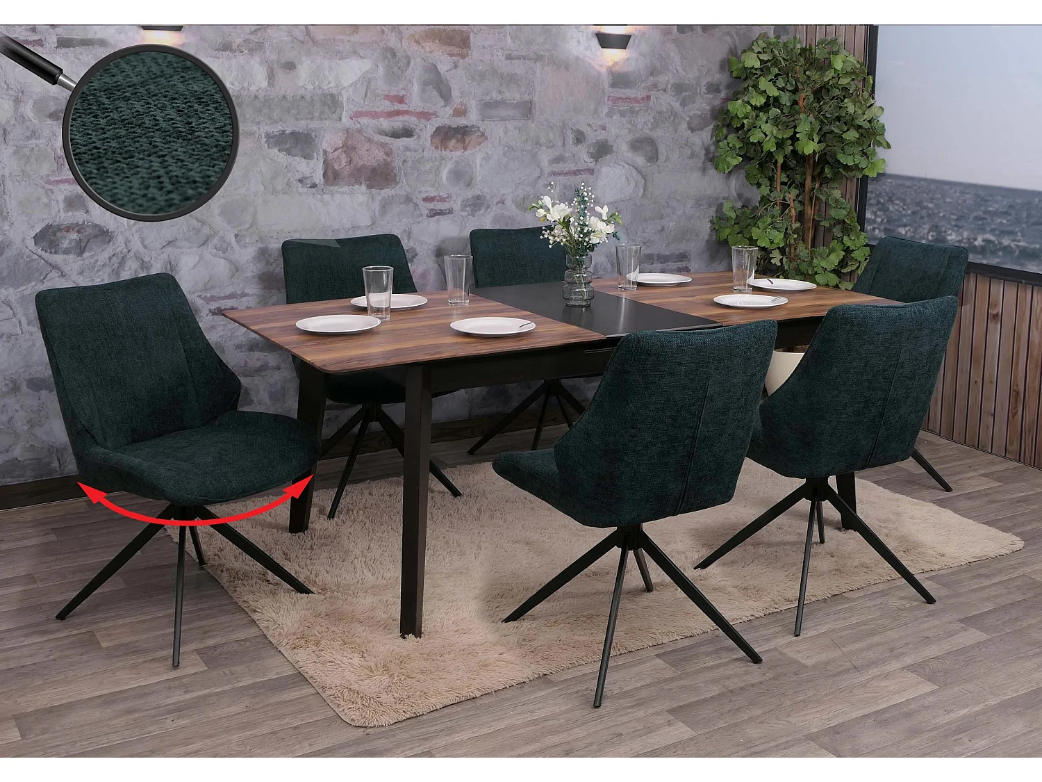 Set 6 sedie sala pranzo MCW-O48, posizionamento automatico girevole, tessuto ciniglia (320g/m²) Oeko-Tex ~ verde