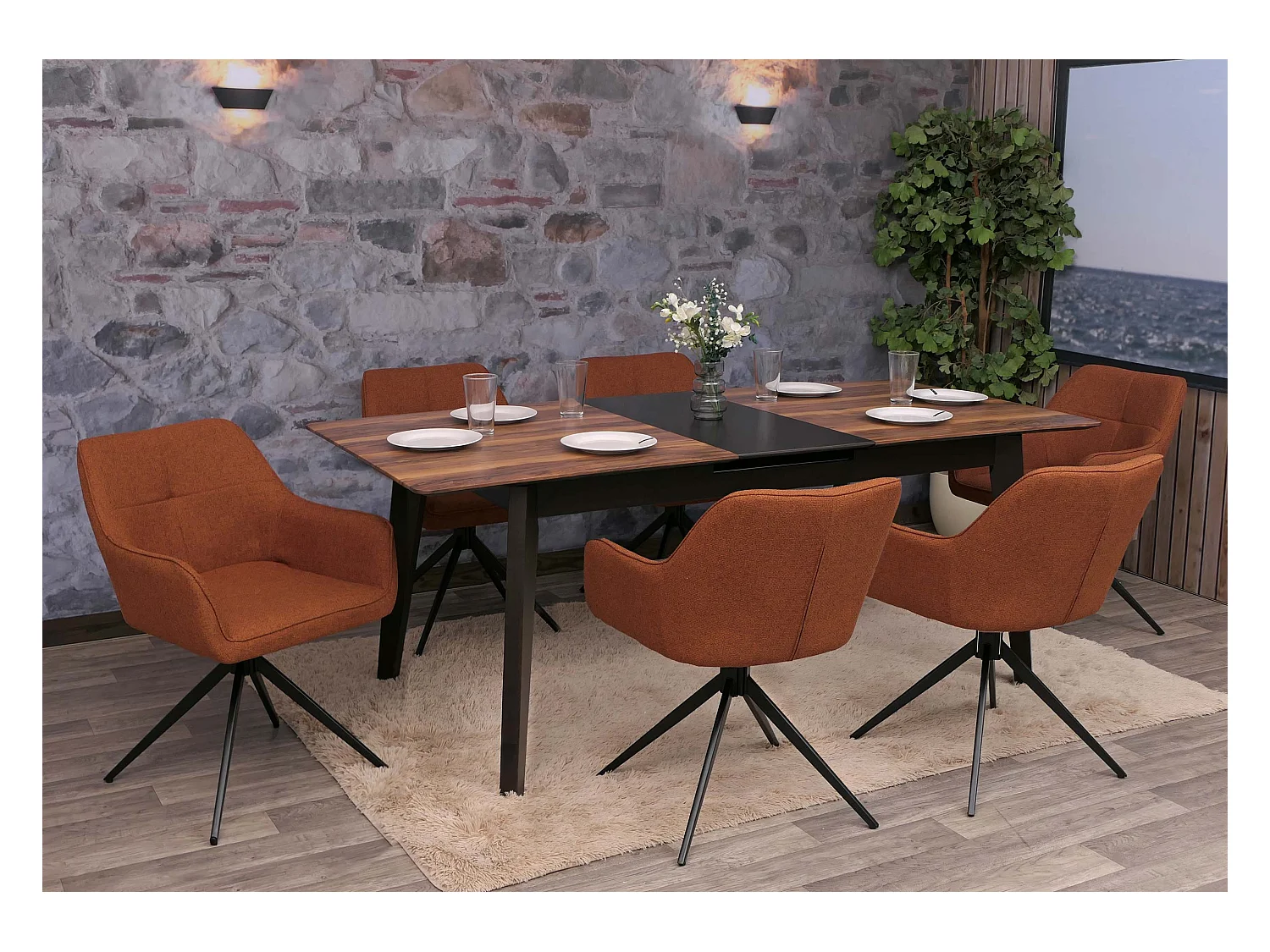 Set 6 sedie sala pranzo MCW-O47, braccioli, girevoli posizionamento automatico, stoffa/tessuto (270g/m²) ~ terracotta